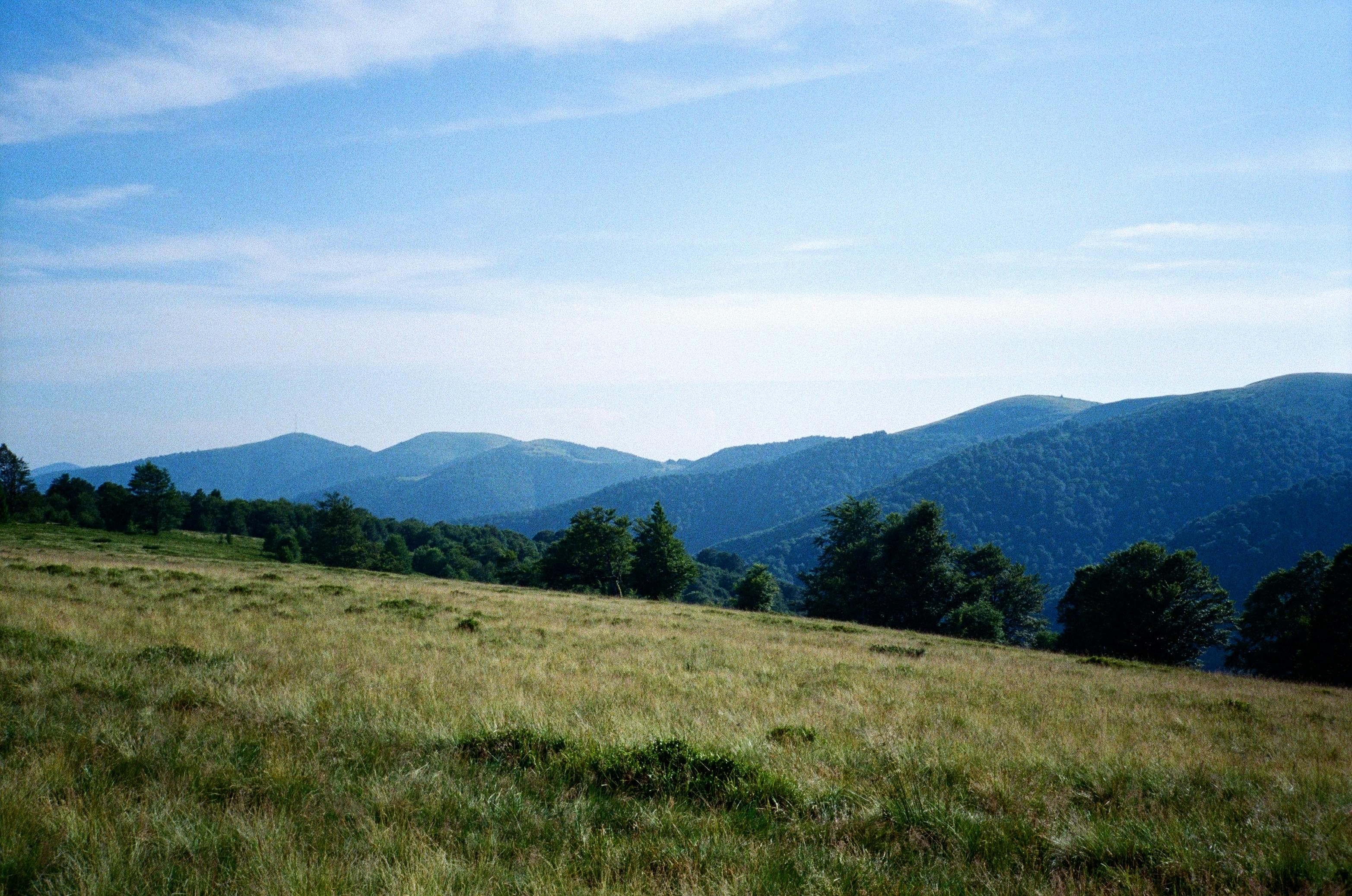 Tranquil view of a green field with distant mountains under a clear blue sky, ideal for nature lovers.