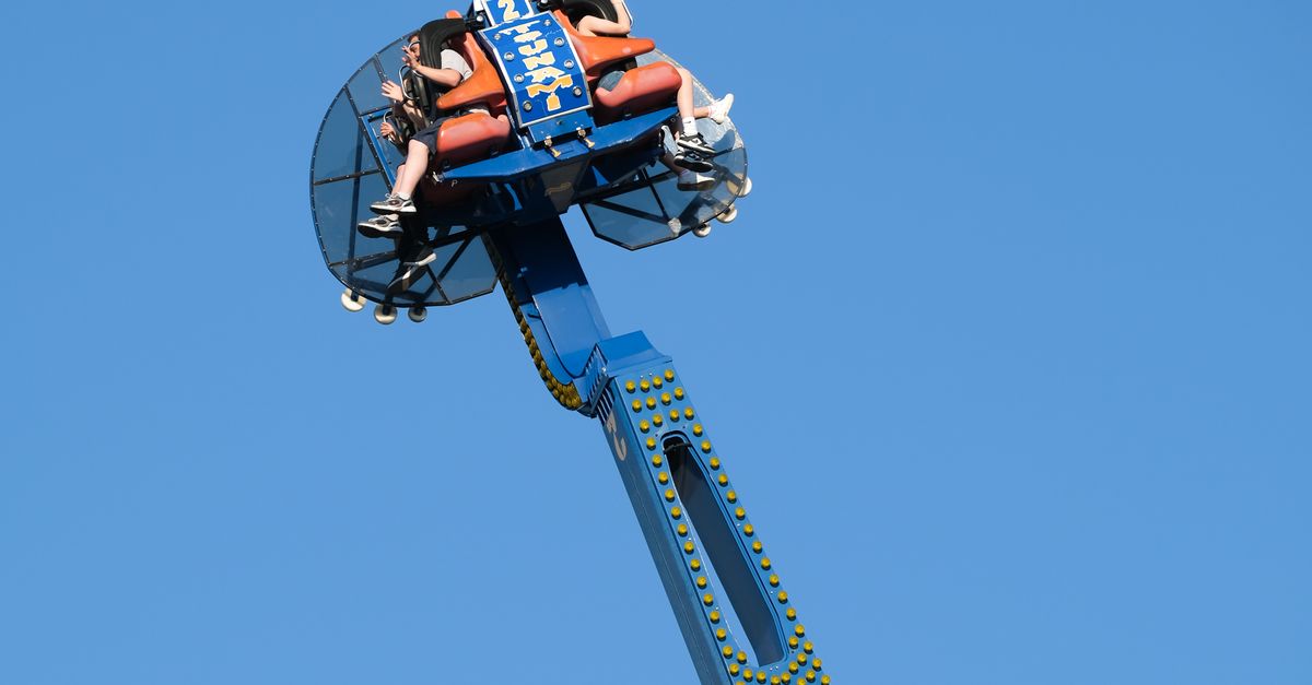 High Thrill Ride Soaring Against Clear Blue Sky · Free Stock Photo