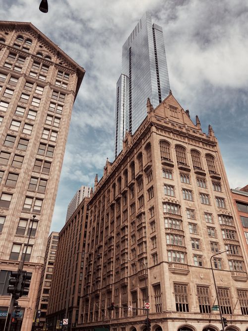 Free The blend of historic and skyscraper architecture in downtown Chicago, Illinois. Stock Photo