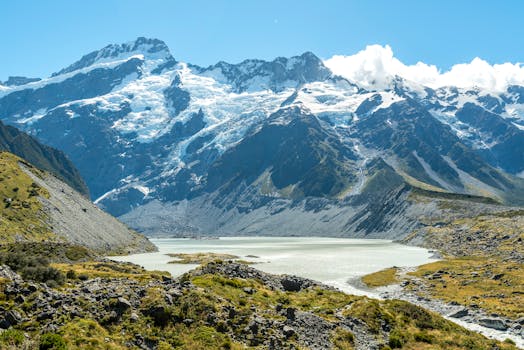 Breathtaking landscape of snow-capped mountains and a glacial lake. Perfect for adventure and nature lovers.