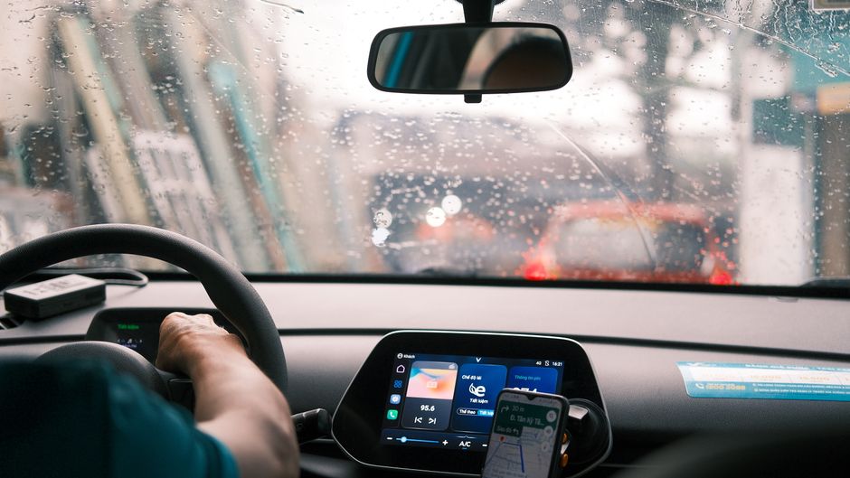 Built-in GPS navigation system on a rental car dashboard in the USA