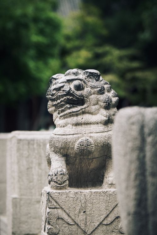 Free Close-up of a carved stone lion statue in an outdoor historical site, showcasing cultural artistry. Stock Photo