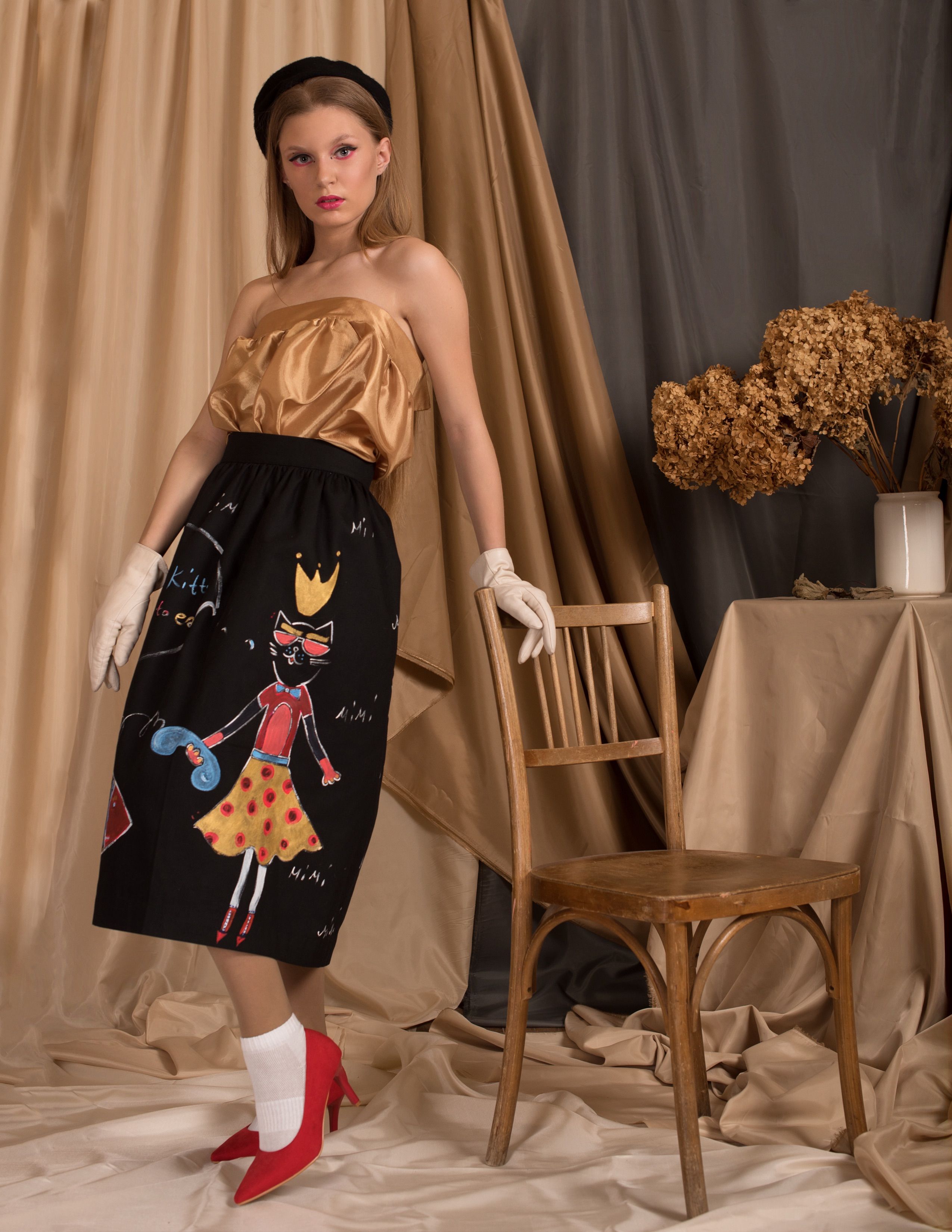 black and gold dress with red shoes Leighton Mini Dress in Rose Spot Black main image 1