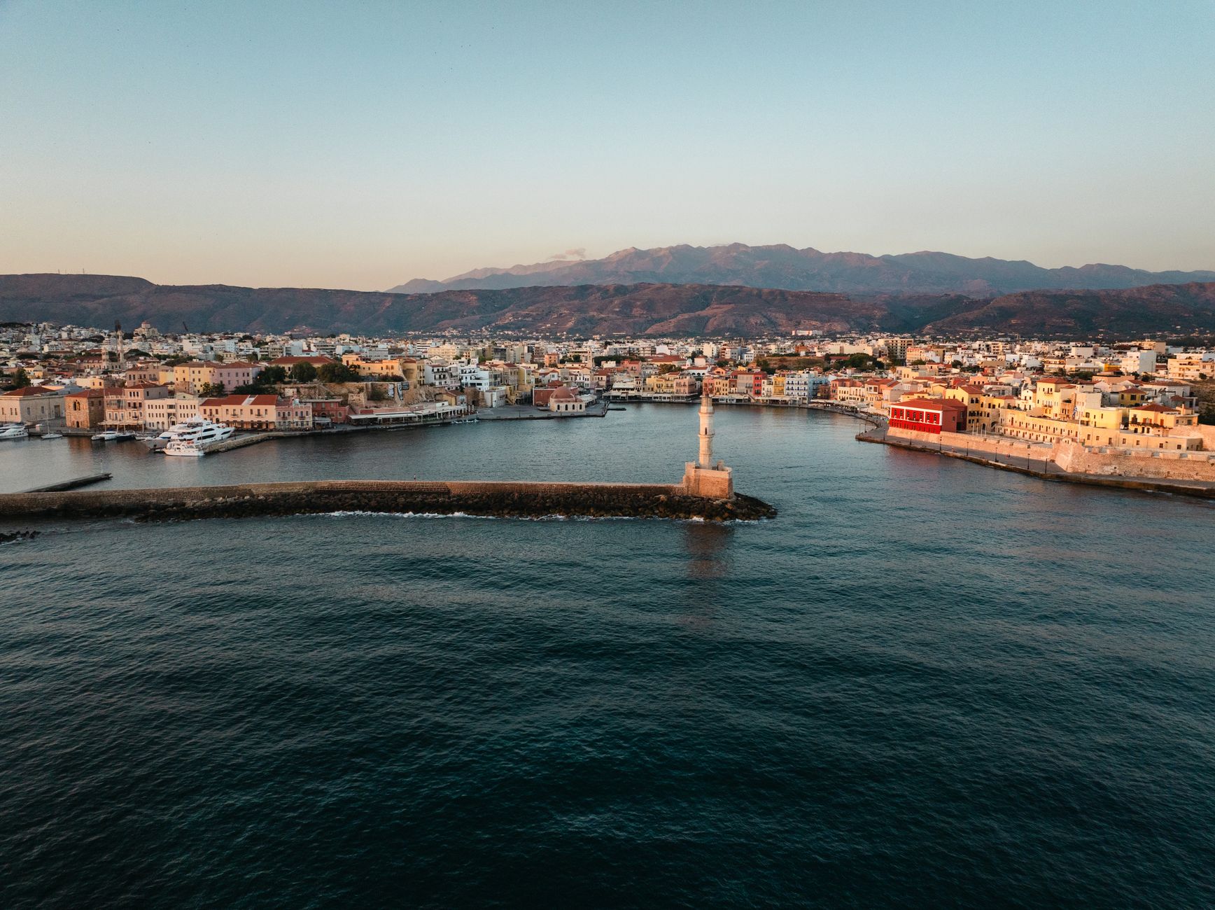 Aerial view of Chania old Venetian harbour at sunrise, Crete.