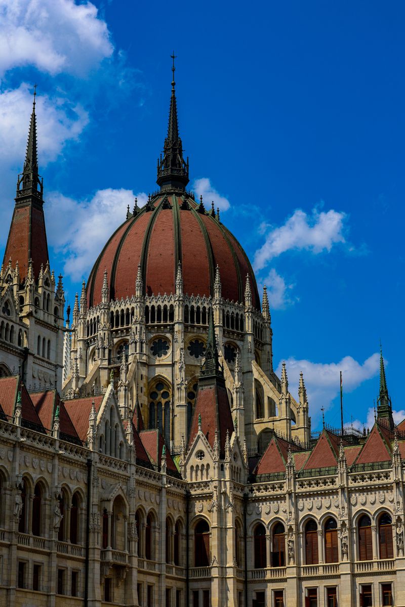 Hungarian Parliament dome and spires from the river