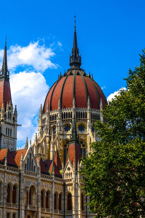 Free Captivating view of the iconic Gothic Revival dome of the Hungarian Parliament in Budapest on a sunny day. Stock Photo