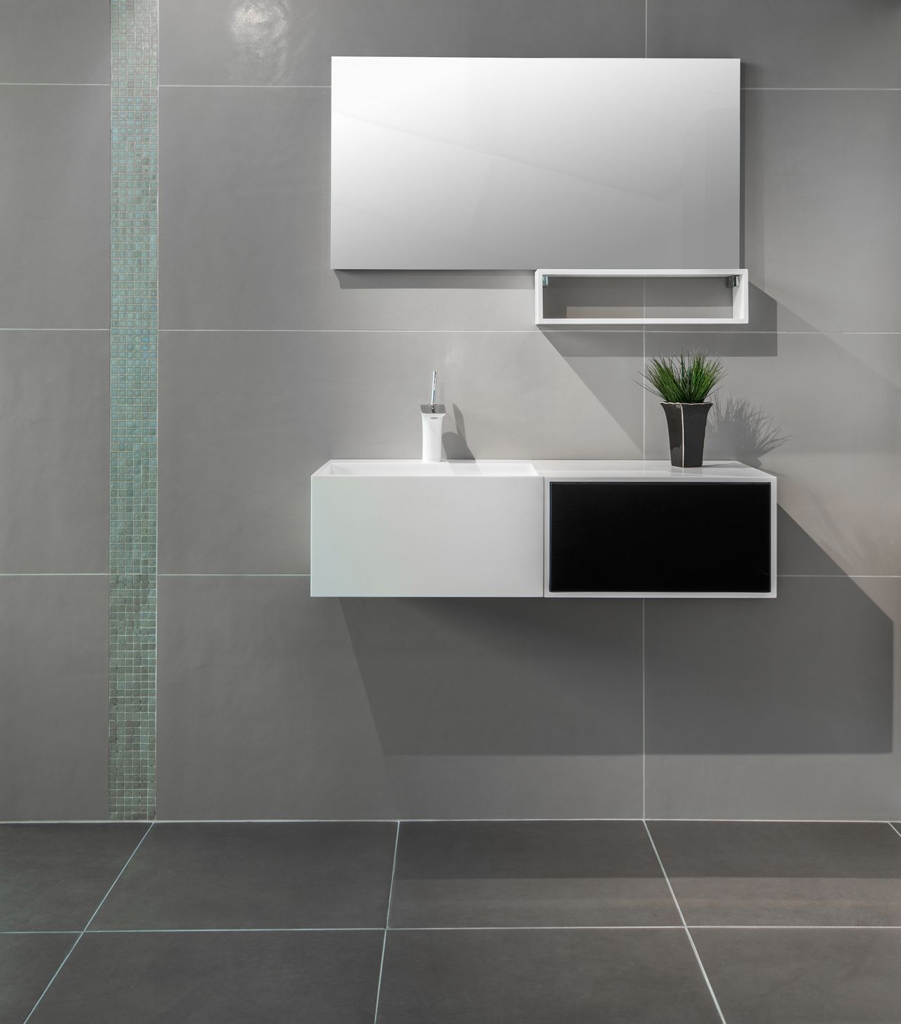 bathroom-vanity-gallery-grey Grey floating vanity with wall-mounted mirror cabinet