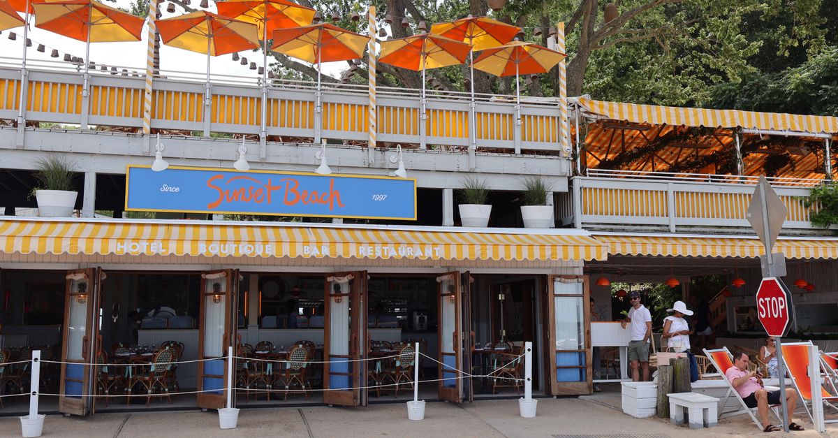 Colorful beach bar and restaurant with umbrellas on Shelter Island, NY, perfect for sunny vacations.