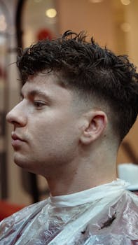 Profile of a young man receiving a fashionable haircut at a barbershop.