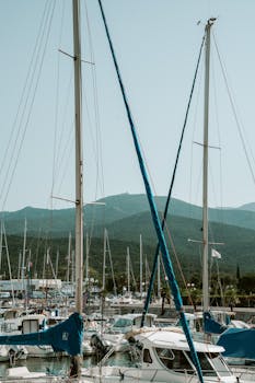 Charming view of sailboats in a marina with mountains in the background, Occitanie, France.