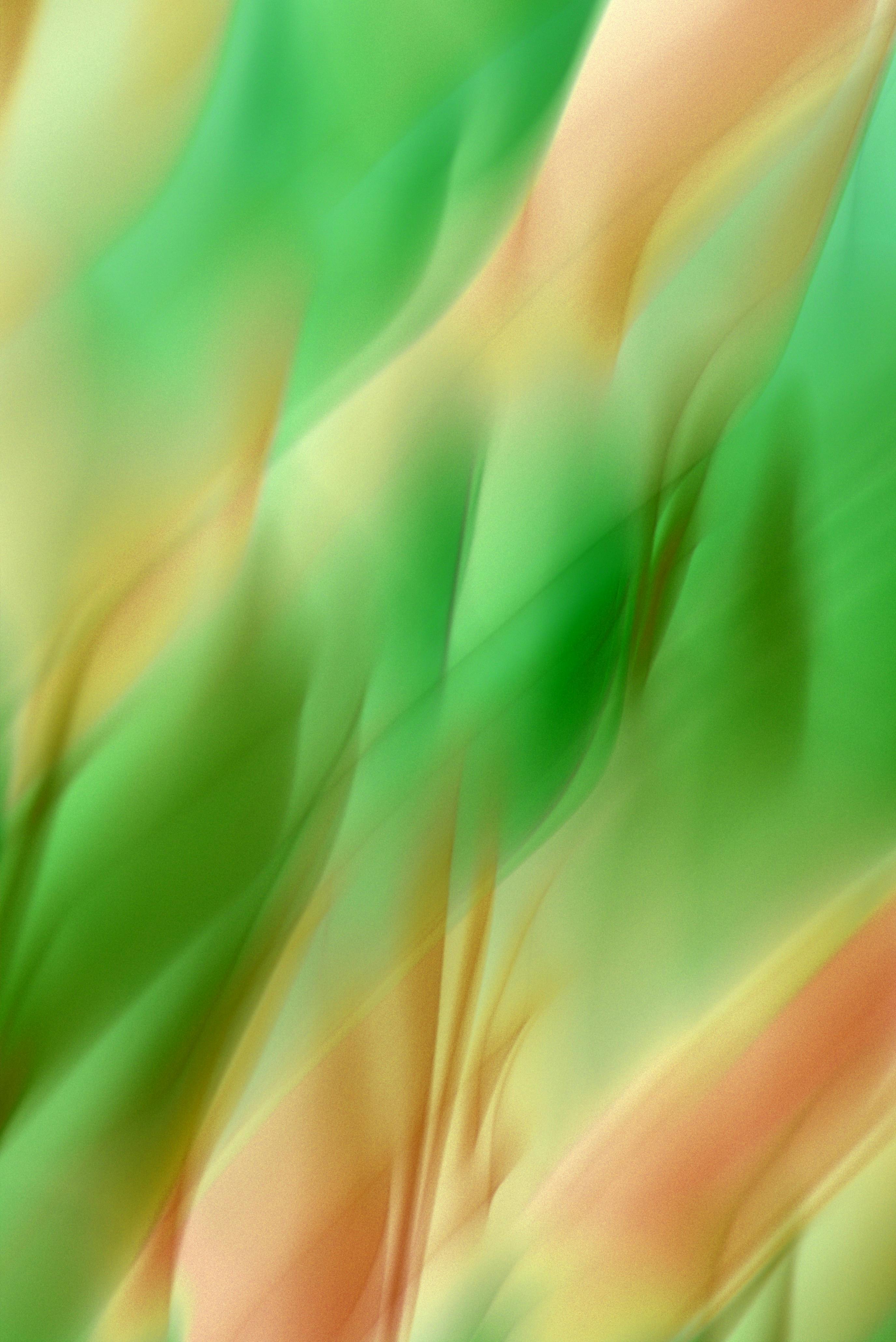 Abstract image with blurred green and orange hues creating a smooth, dreamy flow.