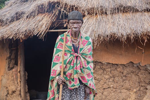 An elderly man stands in front of a traditional thatched hut, wearing vibrant cultural clothing.