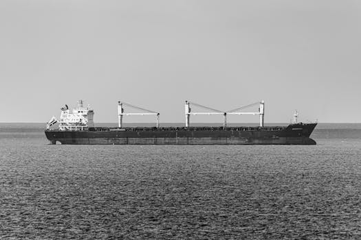 Black and white photo of a bulk carrier traversing calm open sea under a clear sky.
