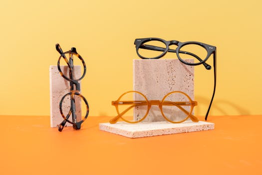 Colorful display of trendy eyeglasses against orange and yellow backdrop, showcasing fashion-forward spectacles.