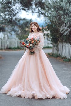 A happy bride in a pink dress standing outdoors holding a colorful bouquet, smiling warmly.