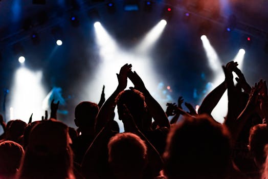 在明亮的舞台灯光下，音乐会观众为充满活力的表演鼓掌欢呼