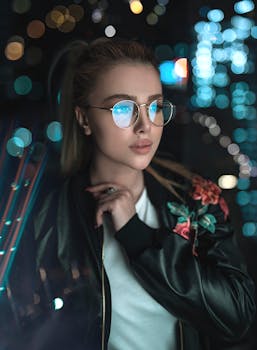 Fashionable woman in glasses and black jacket with city bokeh lights at night.