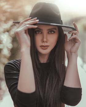 Stylish portrait of an elegant woman wearing a fedora hat, captured outdoors with a warm and fashionable tone.