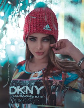 Stylish woman wearing a red knit hat and graphic top, posing confidently.