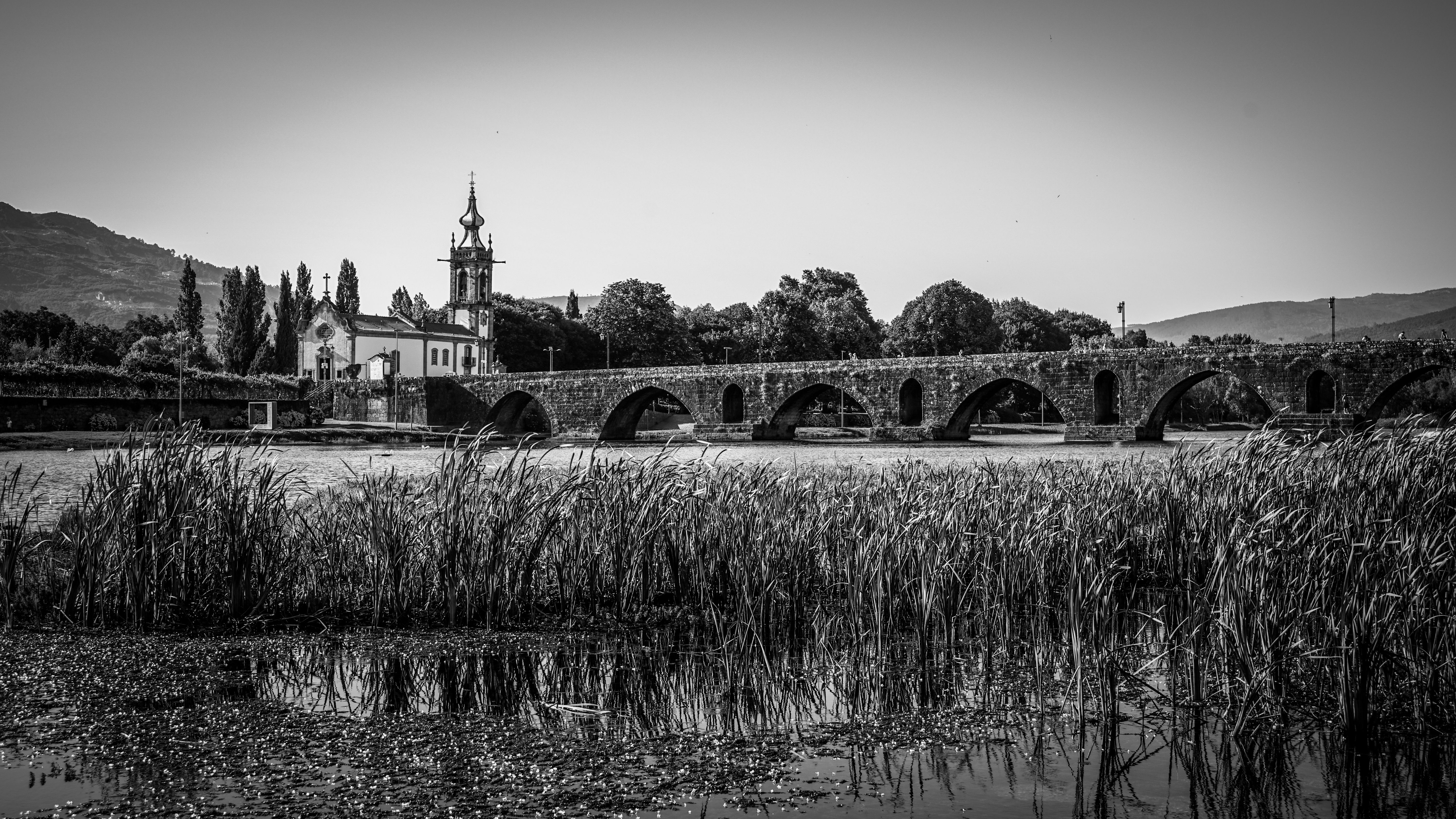 A black and white photo of a bridge over a lake · Free Stock Photo