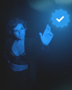 一名女性与数字界面互动，界面被未来派的蓝色光芒照亮，象征着创新