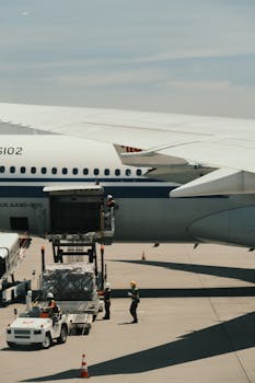 Airbus A330 being loaded with cargo on an airport runway, showcasing transportation logistics.