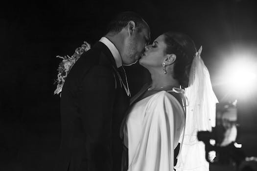 Black and white wedding photo capturing a romantic kiss under spotlight, highlighting love and elegance.