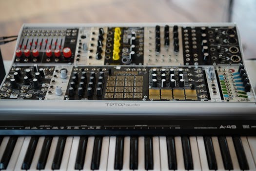 Close-up view of a modular synthesizer with a keyboard, displaying electronic music equipment.