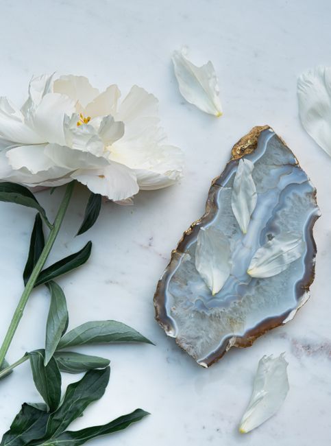 A delicate white peony and agate slice on a marble surface, perfect for elegant decor.