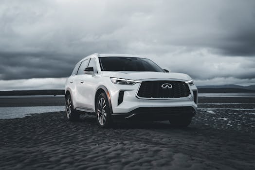 A white SUV parked on a beach with overcast skies, showcasing its sleek design.