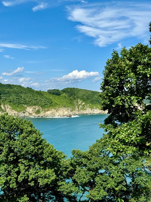 Free Serene coastal landscape with lush greenery, clear blue sea, and bright sky. Stock Photo
