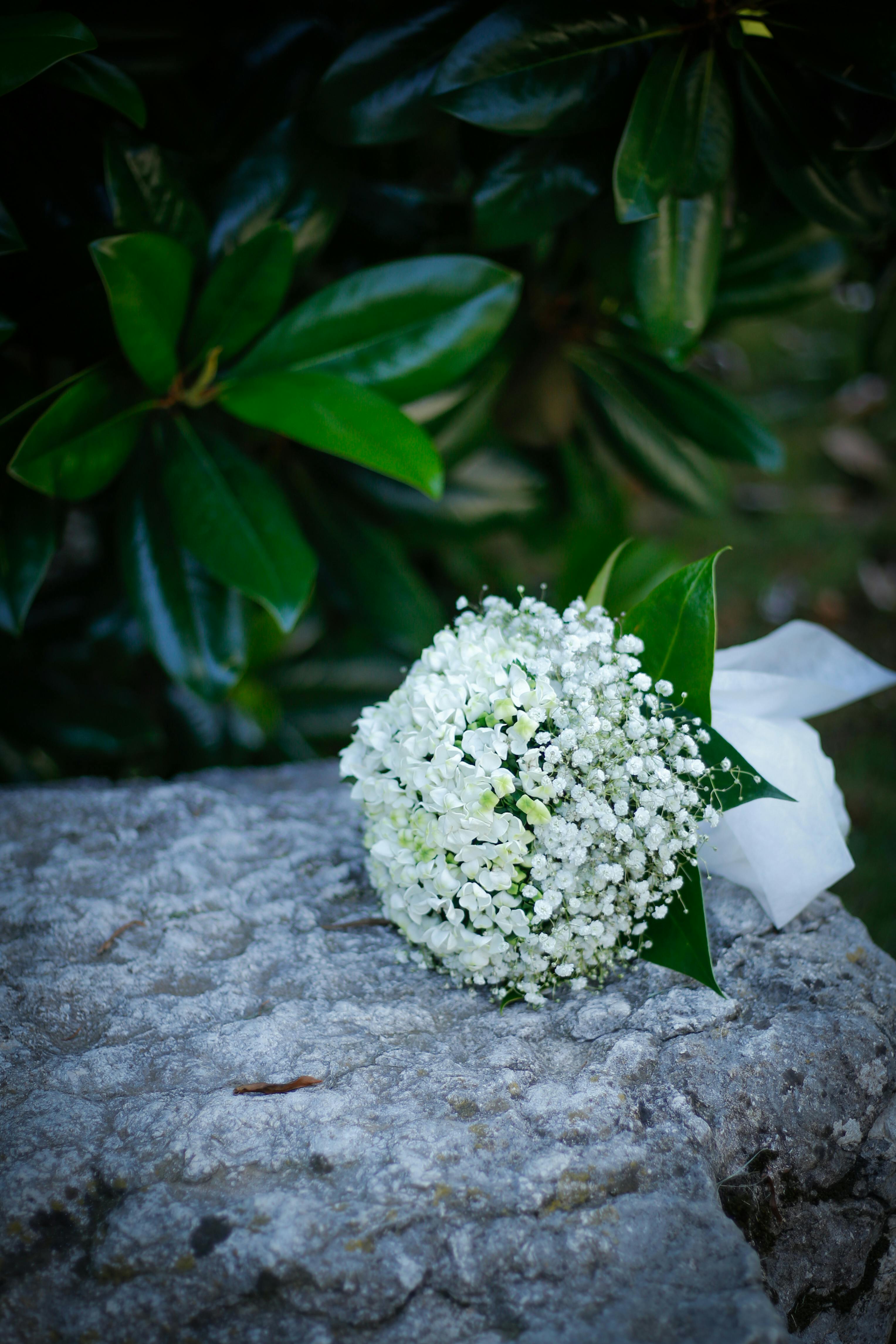 [ColoSach]-a-delicate-bridal-bouquet-resting-on-a-stone-ledge-with-lush-greenery-in-the-background.
