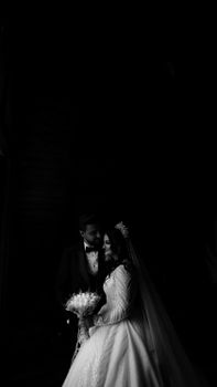 Artistic black and white photo of a bride and groom in an intimate moment, showcasing elegance and romance.