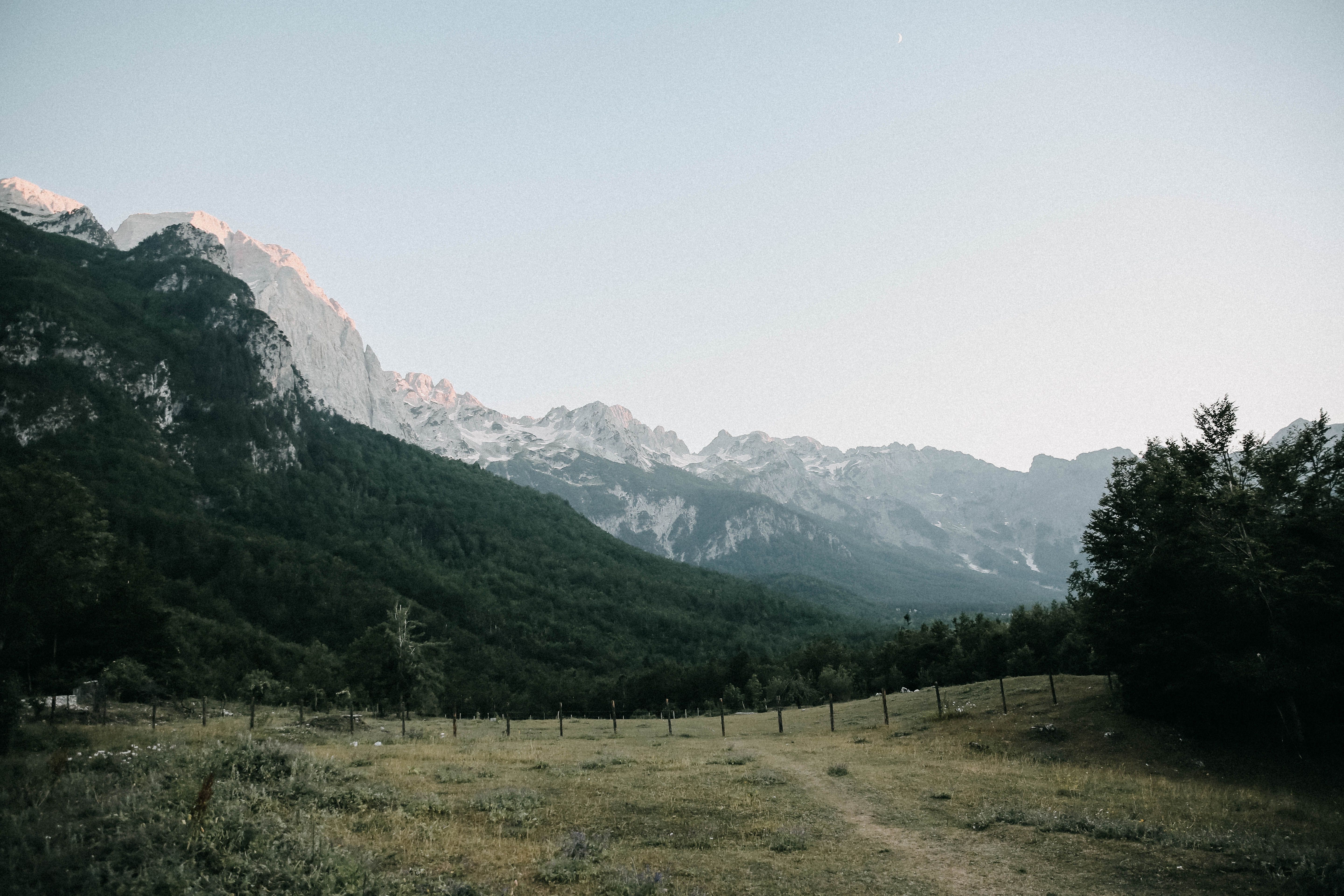 A mountain range with a dirt road and trees · Free Stock Photo