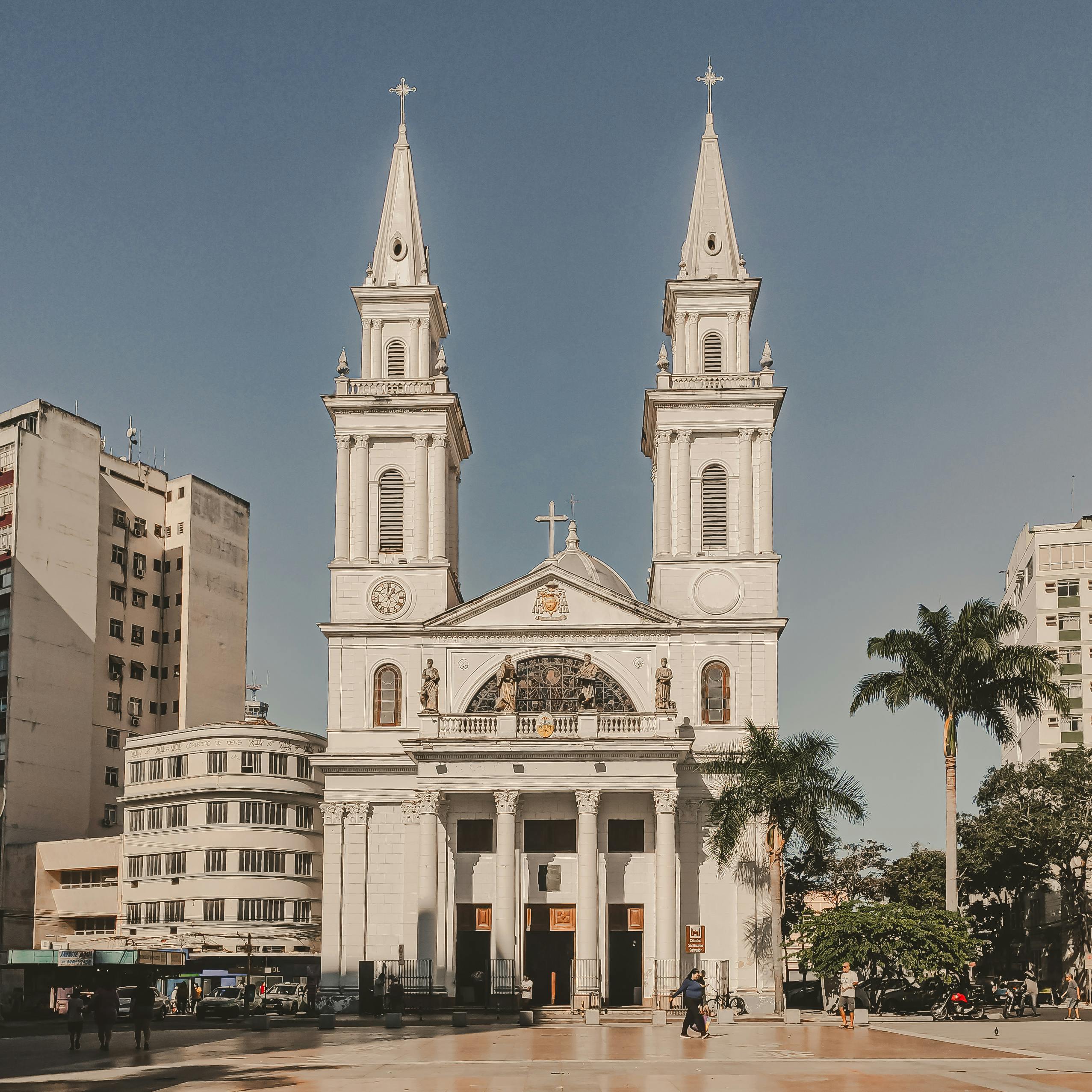 A large white church with two tall spires