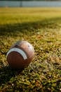 A football ball sits on the grass in the sun