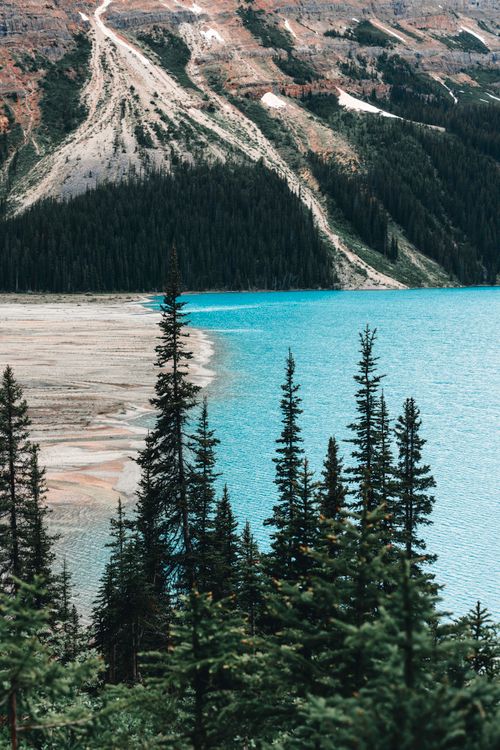 Free Explore the stunning view of Bow Lake's turquoise waters and majestic mountains in Banff National Park. Stock Photo
