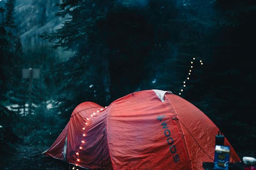 A tranquil camping scene at night in Banff with a tent lit by string lights, surrounded by a dense forest.
