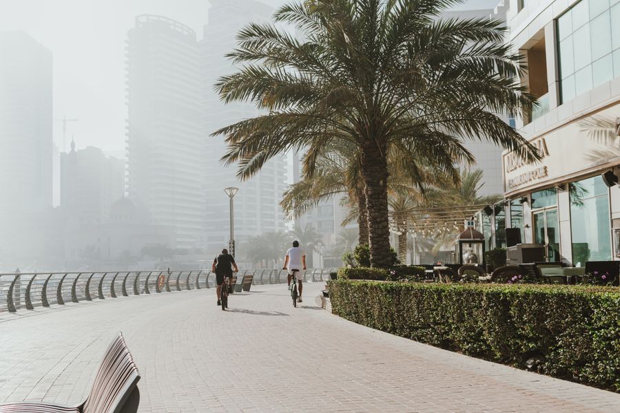Two cyclists seen from behind on the Dubai Marina promenade on a hazy morning, palms and towers ahead