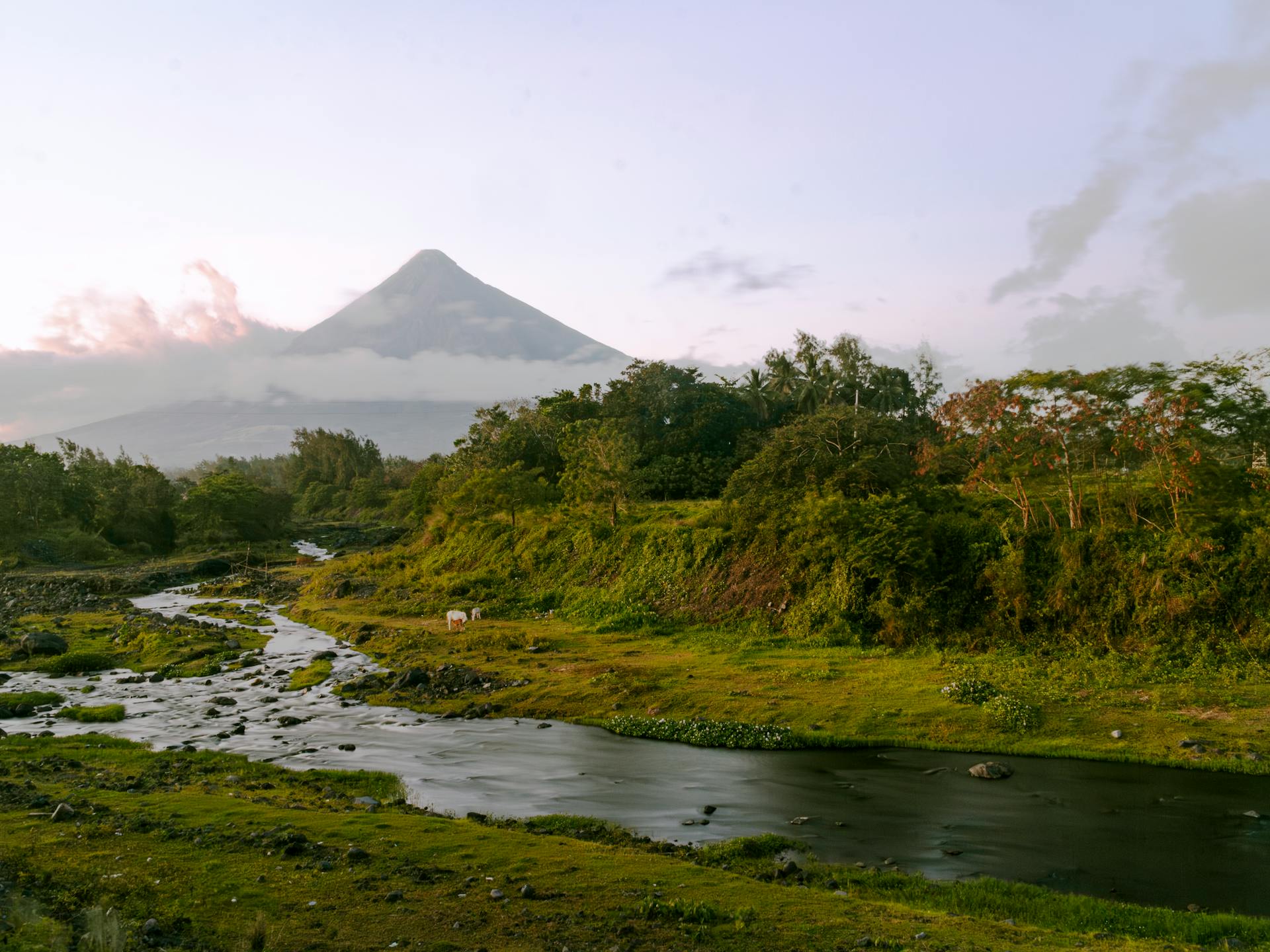 Breathtaking landscape of Mayon Volcano with lush greenery and a serene river in Albay, Philippines.