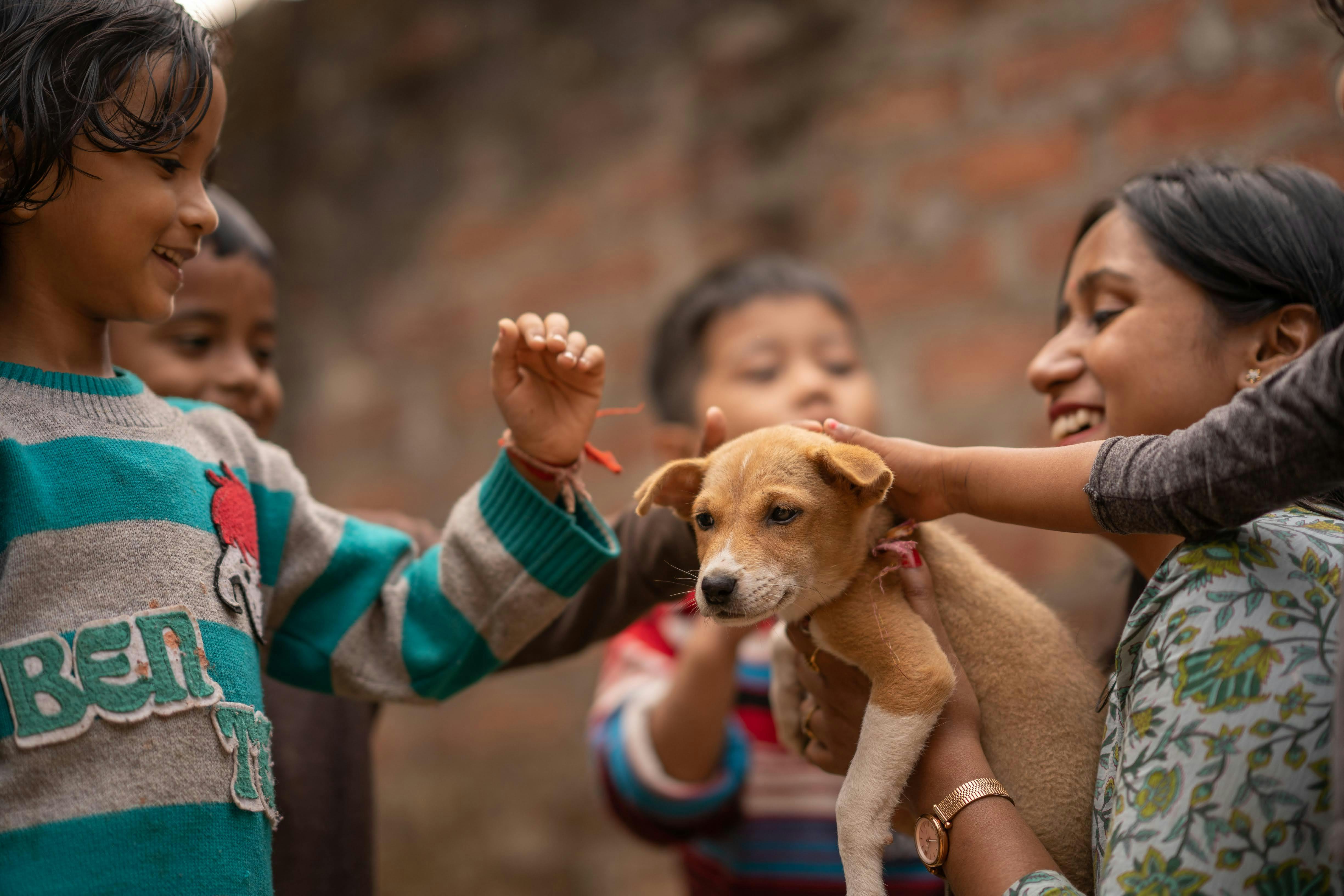 A woman holding a small dog while children look on