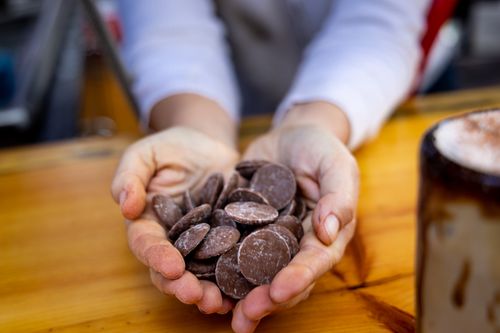Free Close-up of hands offering chocolate discs beside a cup, on a wooden table. Stock Photo