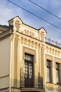 Art Nouveau architecture with decorative elements on a sunny day in Grodno, Belarus.. nouveau, architecture, with