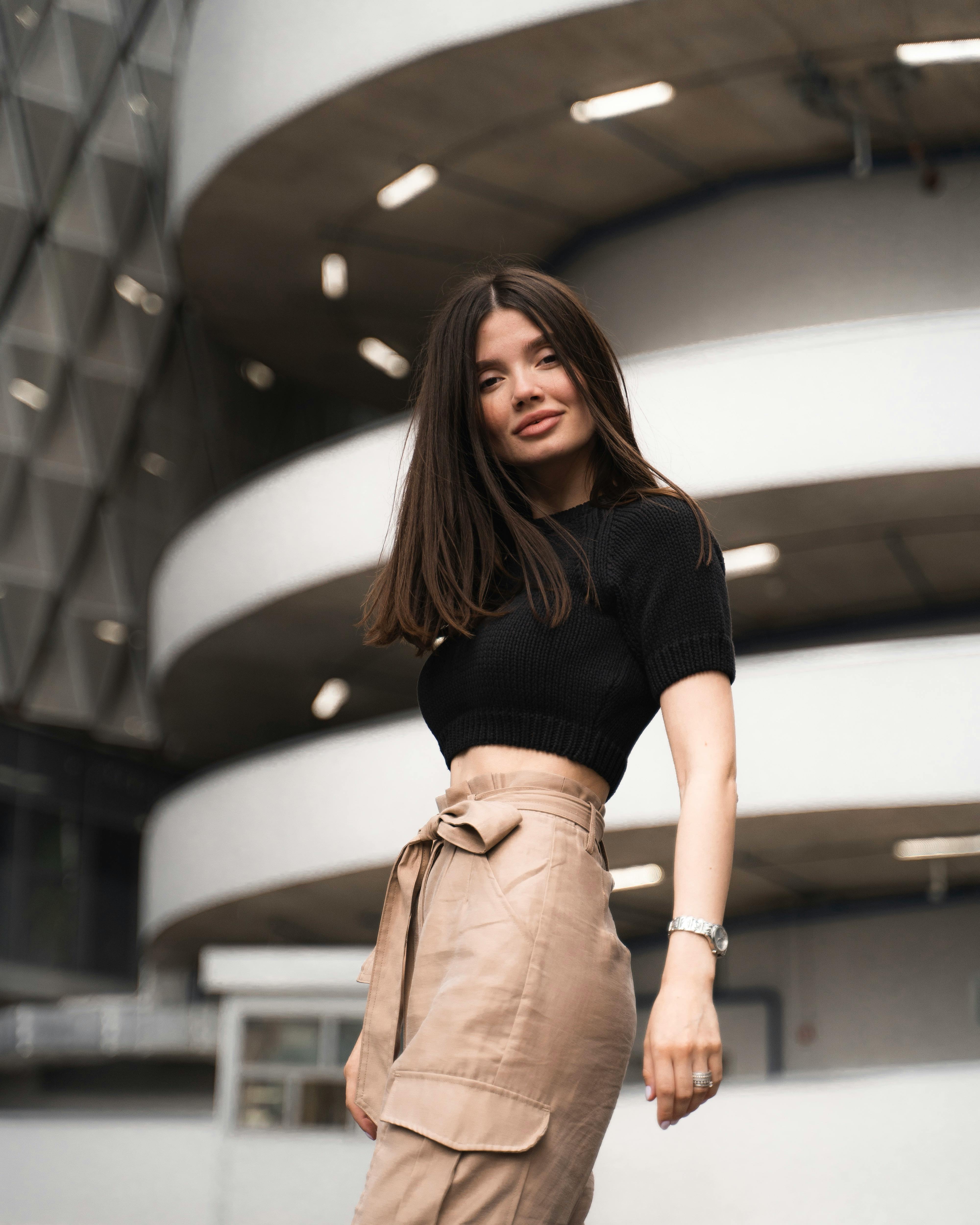 black t shirt and brown pants