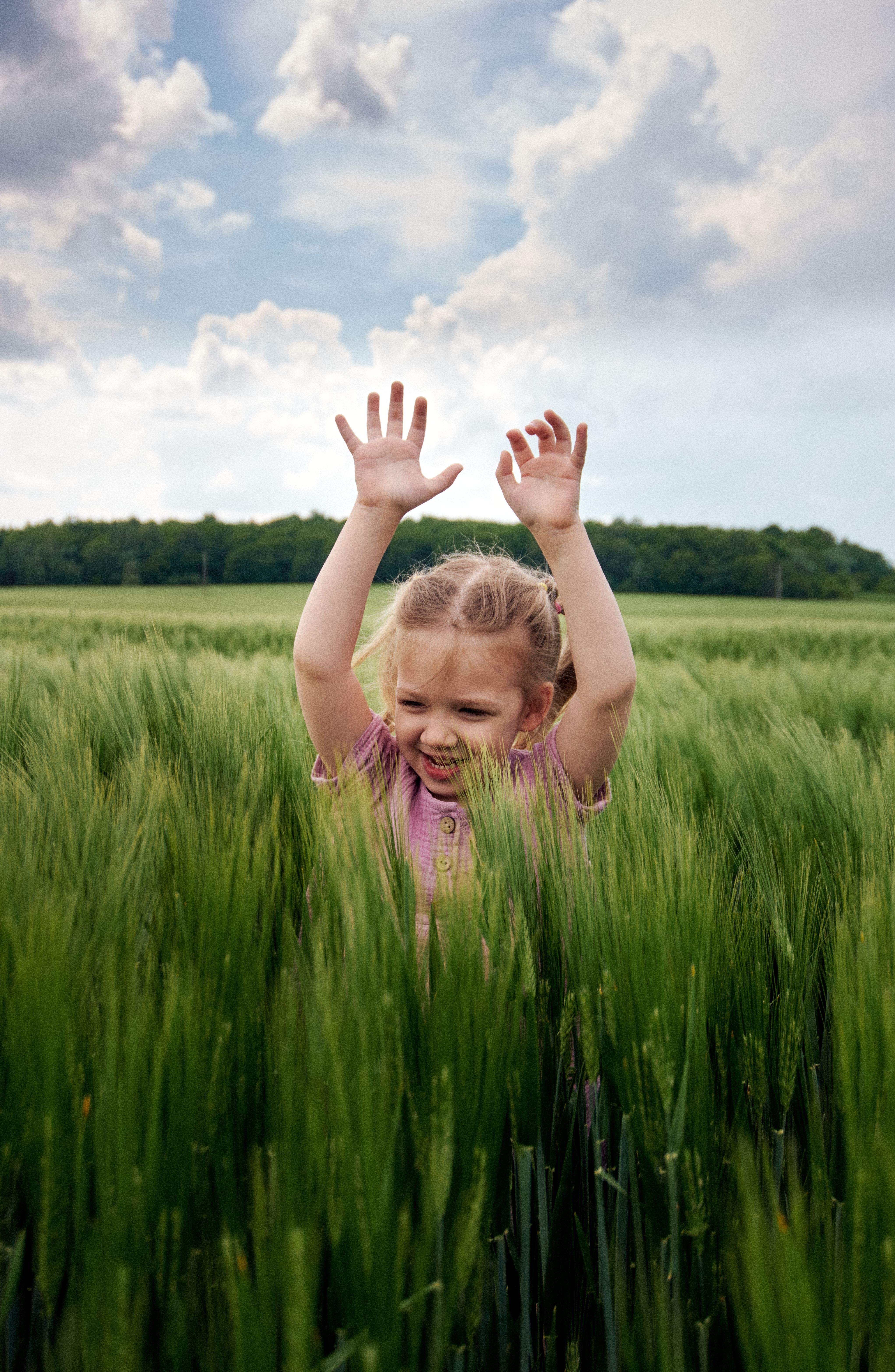 A little girl in a field with her hands up · Free Stock Photo