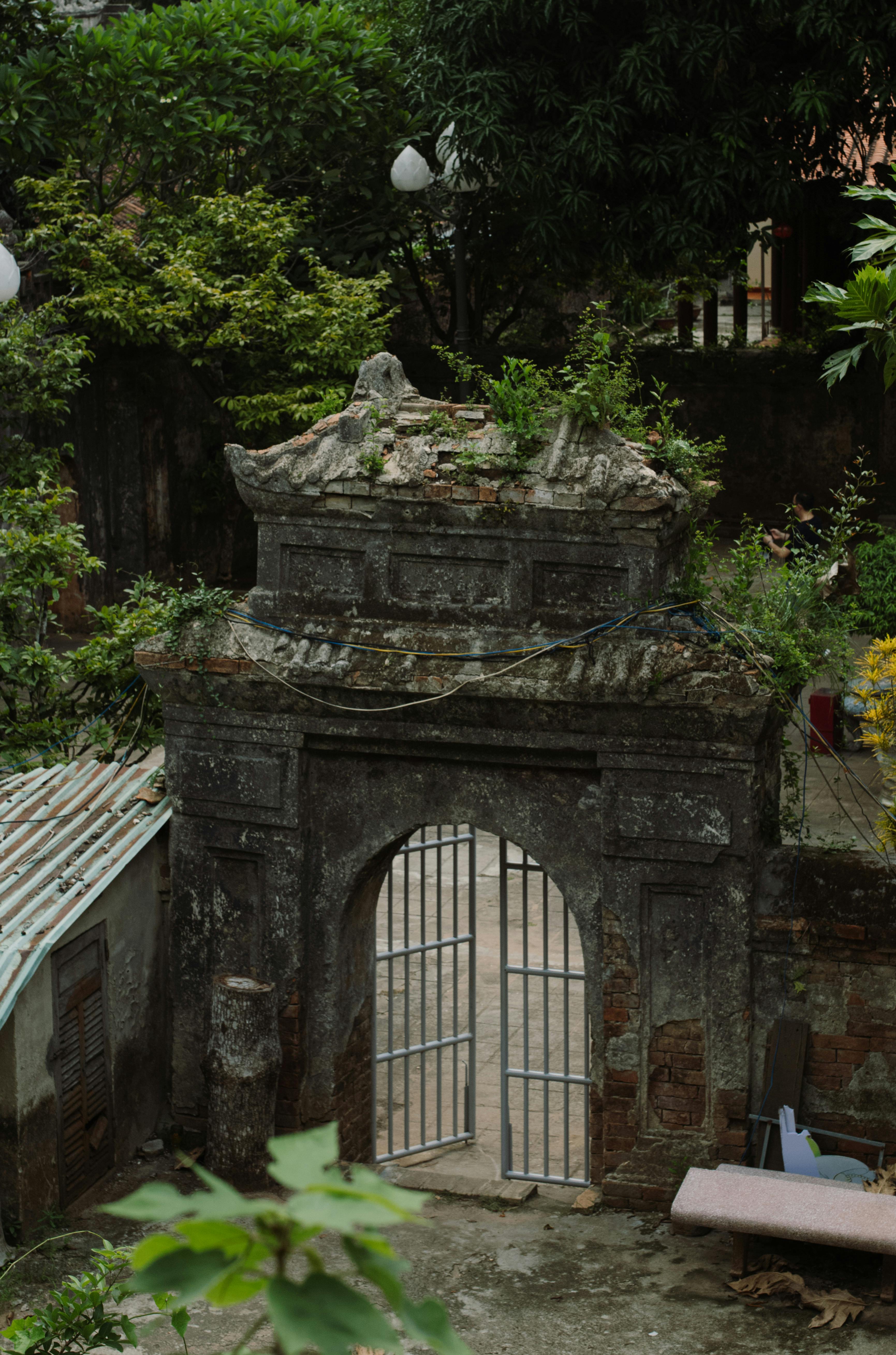 A historic stone gate surrounded by lush greenery in Da Nang, Vietnam, capturing cultural architecture.