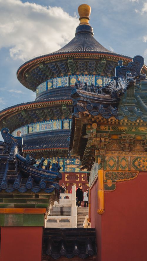 Free Detailed view of the iconic Temple of Heaven showcasing traditional Chinese architecture and vivid colors, Beijing, China. Stock Photo