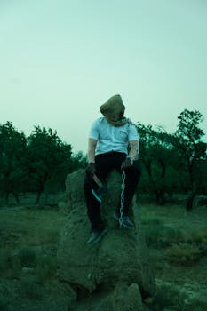 A mysterious figure with a burlap sack over head, holding chains in a forest scene.
