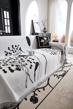 Contemporary living room with a stylish floral sofa cover and elegant decor.