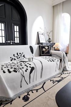 Stylish living room showcasing a unique black and white artistic sofa cover in a modern setting.